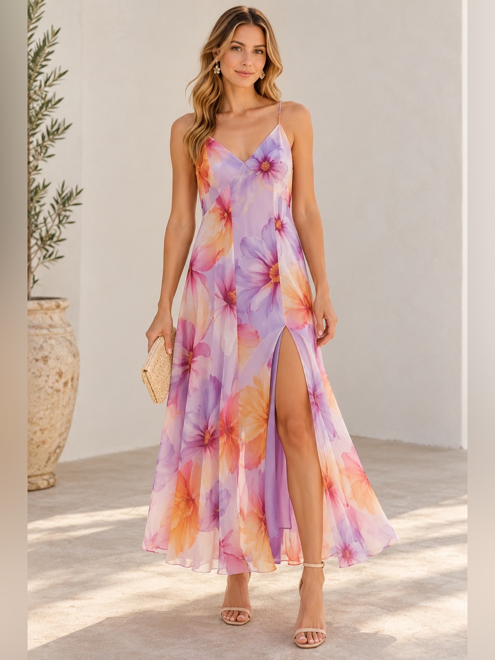 Mango NWT Size 10 Floral Chiffon Maxi Dress Lined Slit Vacation Wedding